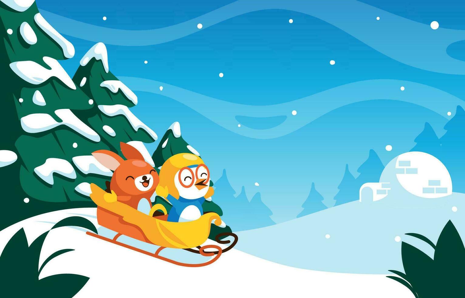 Cute Penguin and His Friend Playing Sled vector