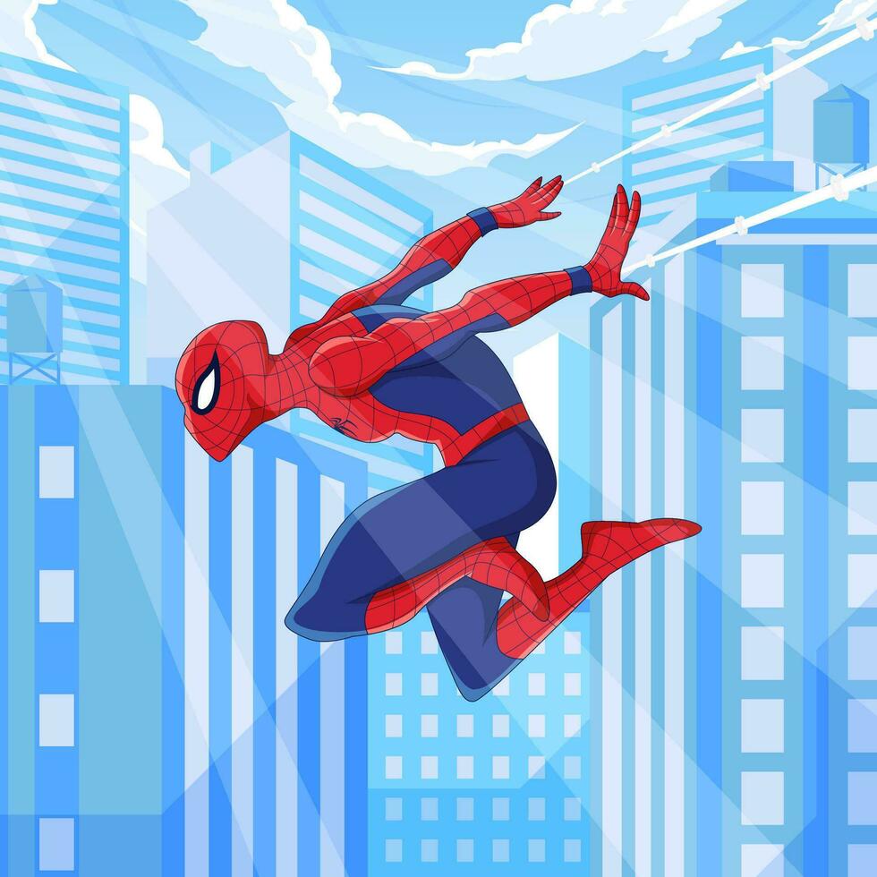 Superhero In Spider Costume Swinging In The City vector