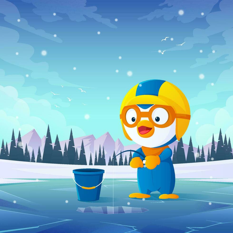 Cute Little Penguin Fishing in a Frozen Lake vector