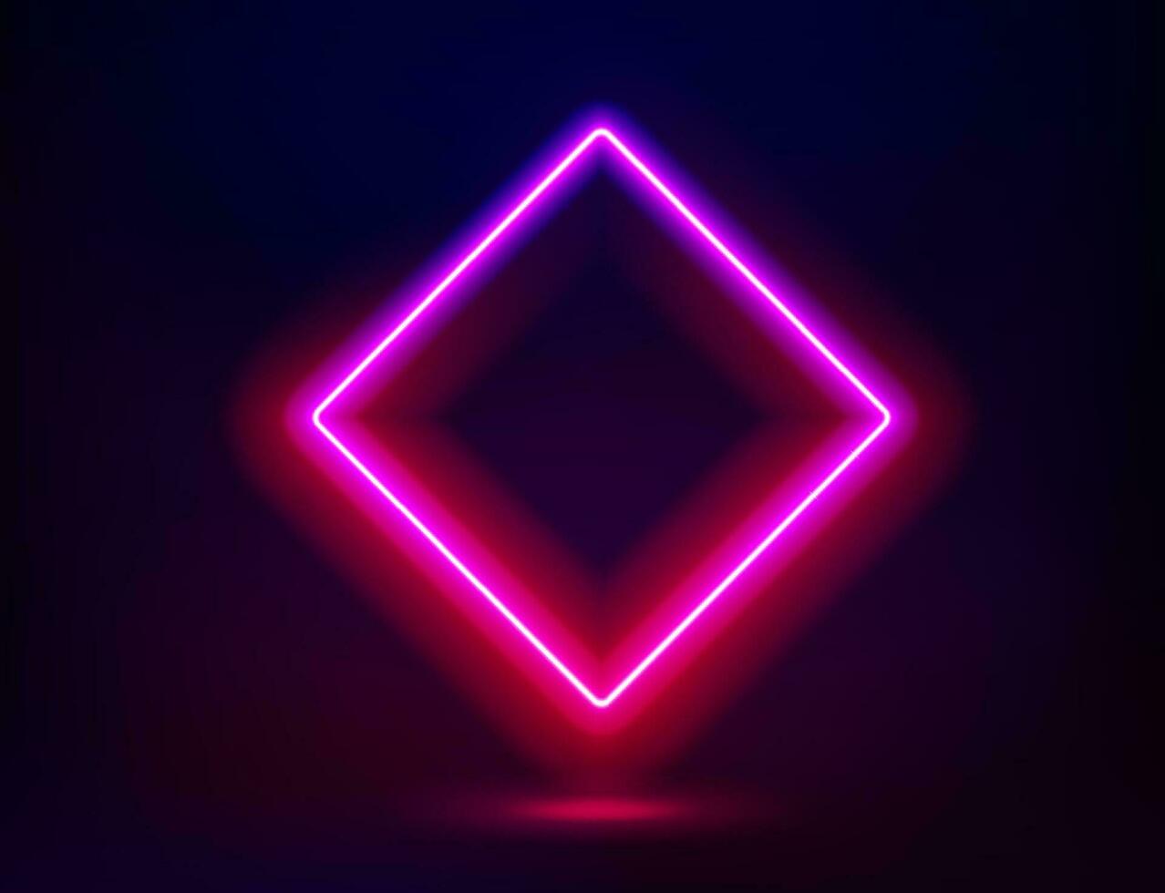 Abstract studio with glowing rhombus frame of neon light. 3d vector illustration