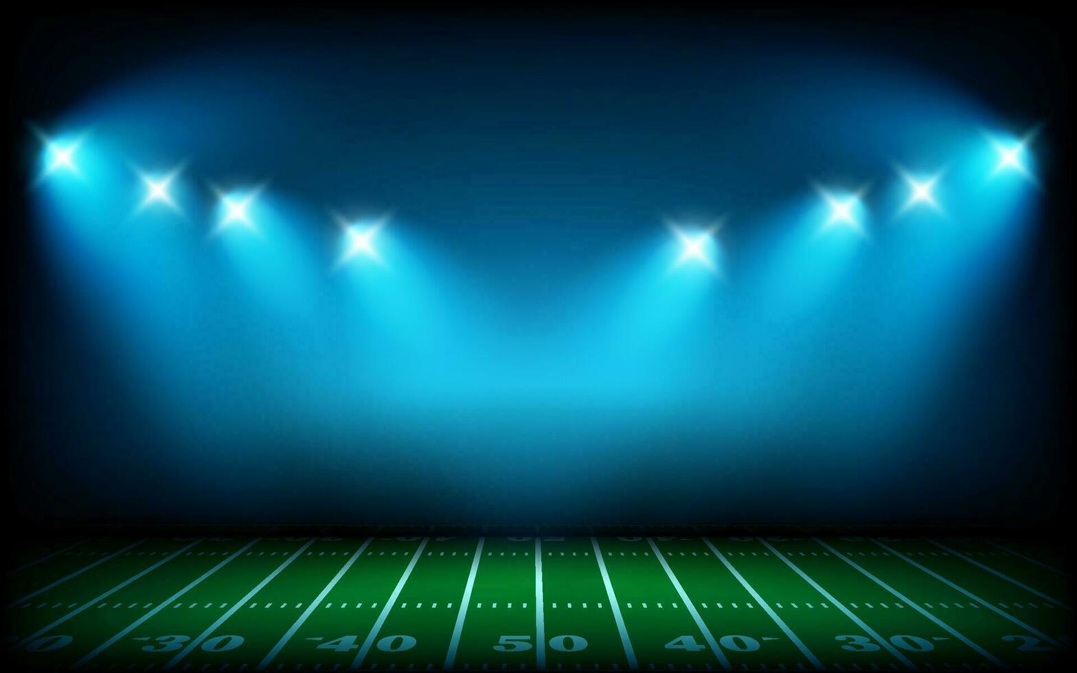 Illuminated american football stadium with projectors. 3d vector illustration