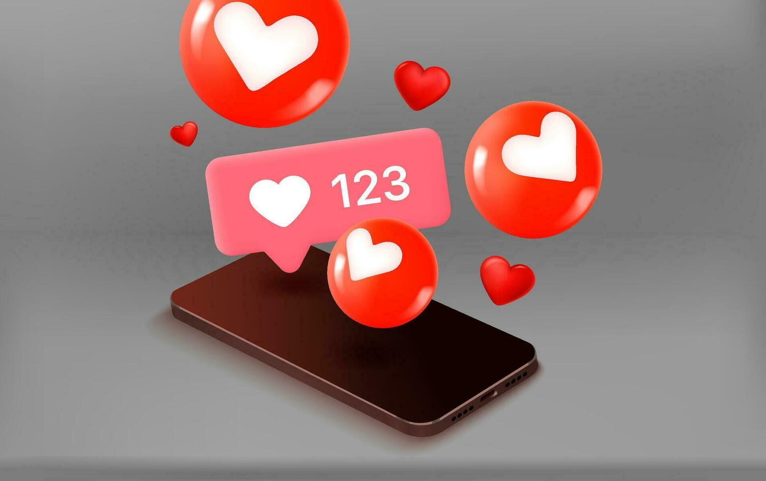 Social media notification bubbles with hearts and smartphone. 3d vector concept