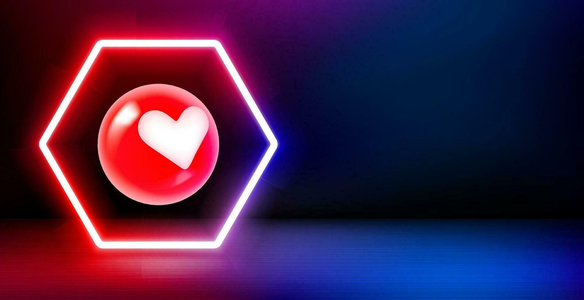 Product showcase and shining neon frame with heart sign. 3d vector banner with copy space