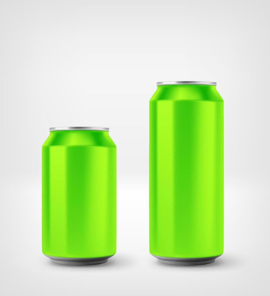 Green aluminium cans mockup isolated on white background. 3d vector illustration