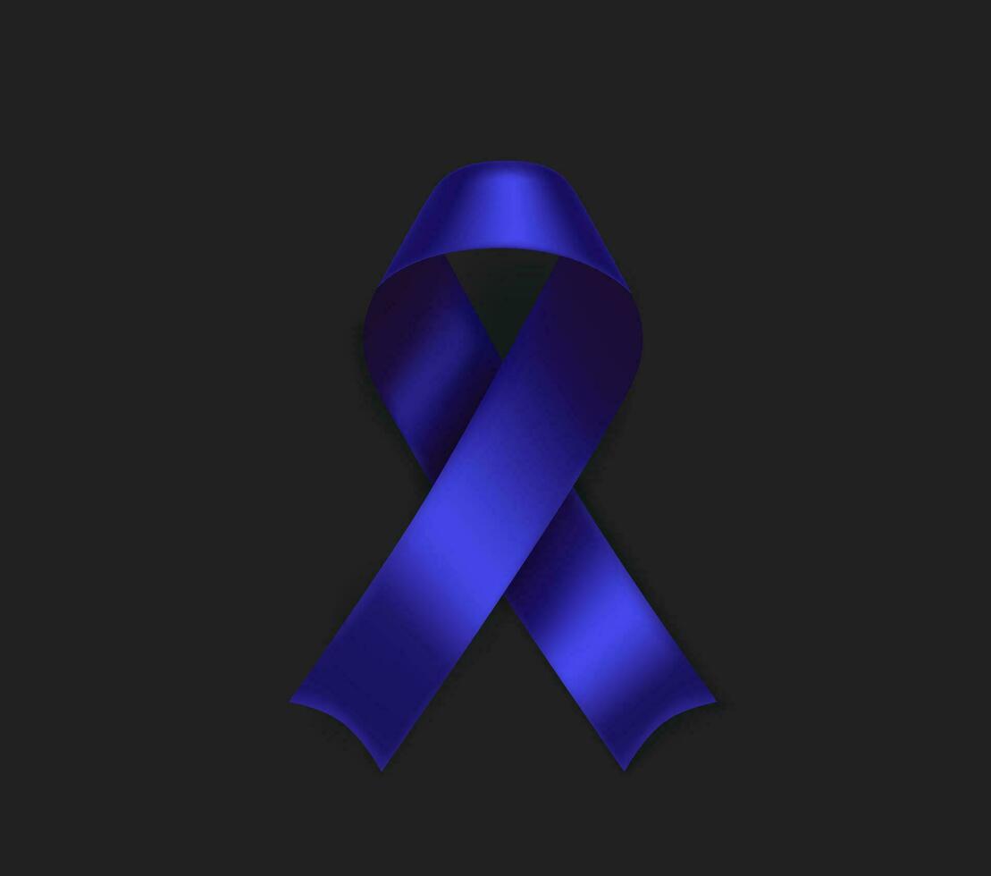 Colon cancer awareness symbol. Dark blue ribbon isolated on black background vector