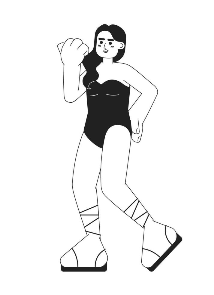 uno pedazo traje de baño joven indio mujer posando monocromo plano vector personaje. vacaciones complejo. editable Delgado línea lleno cuerpo persona en blanco. sencillo bw dibujos animados Mancha imagen para web gráfico diseño