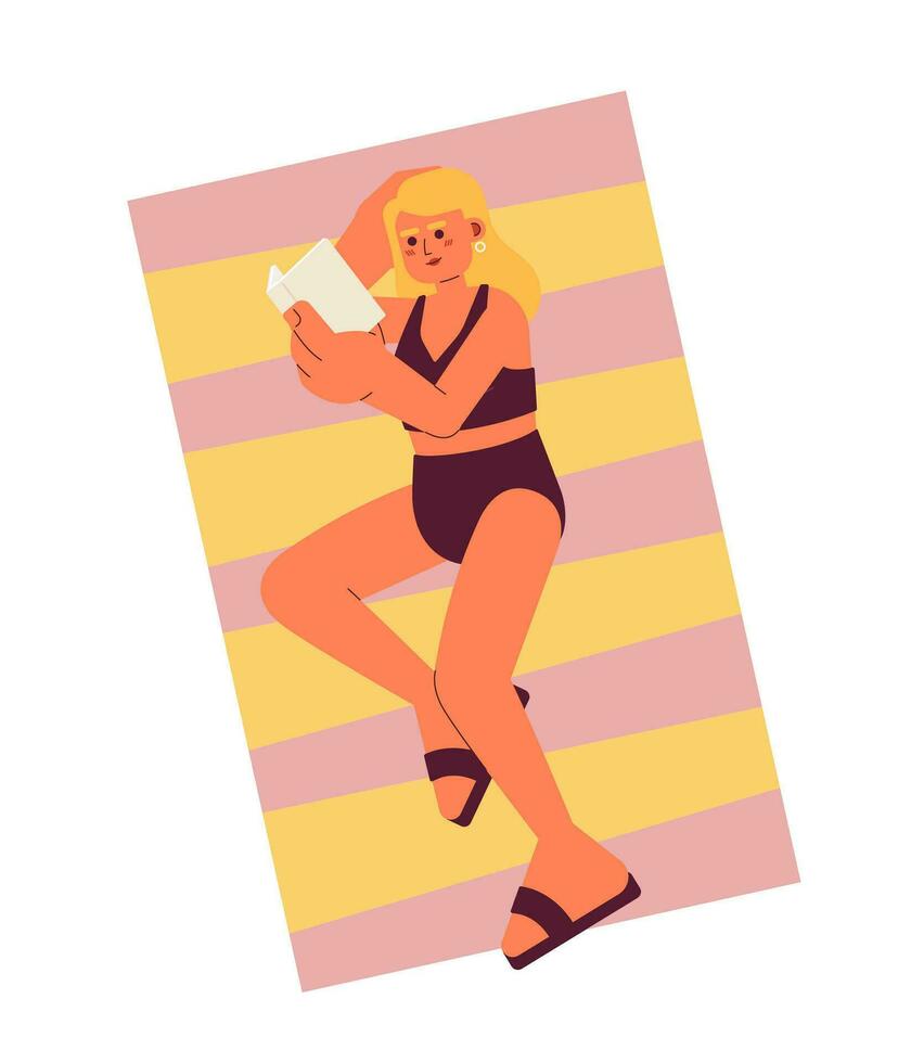 traje de baño mujer acostado con libro en playa semi plano vistoso vector personaje. Lesen a.m hebra. verano leer. editable lleno cuerpo persona en blanco. sencillo dibujos animados Mancha ilustración para web gráfico diseño