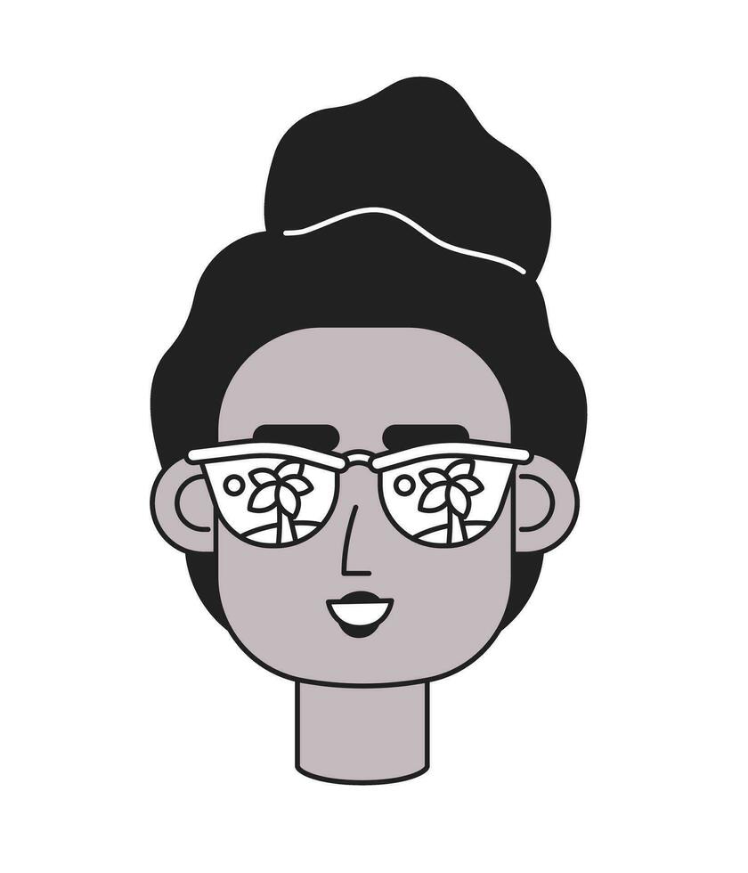 Black woman sunglasses smiling with afro monochrome flat linear character head. Summer girl. Editable outline hand drawn human face icon. 2D cartoon spot vector avatar illustration for animation