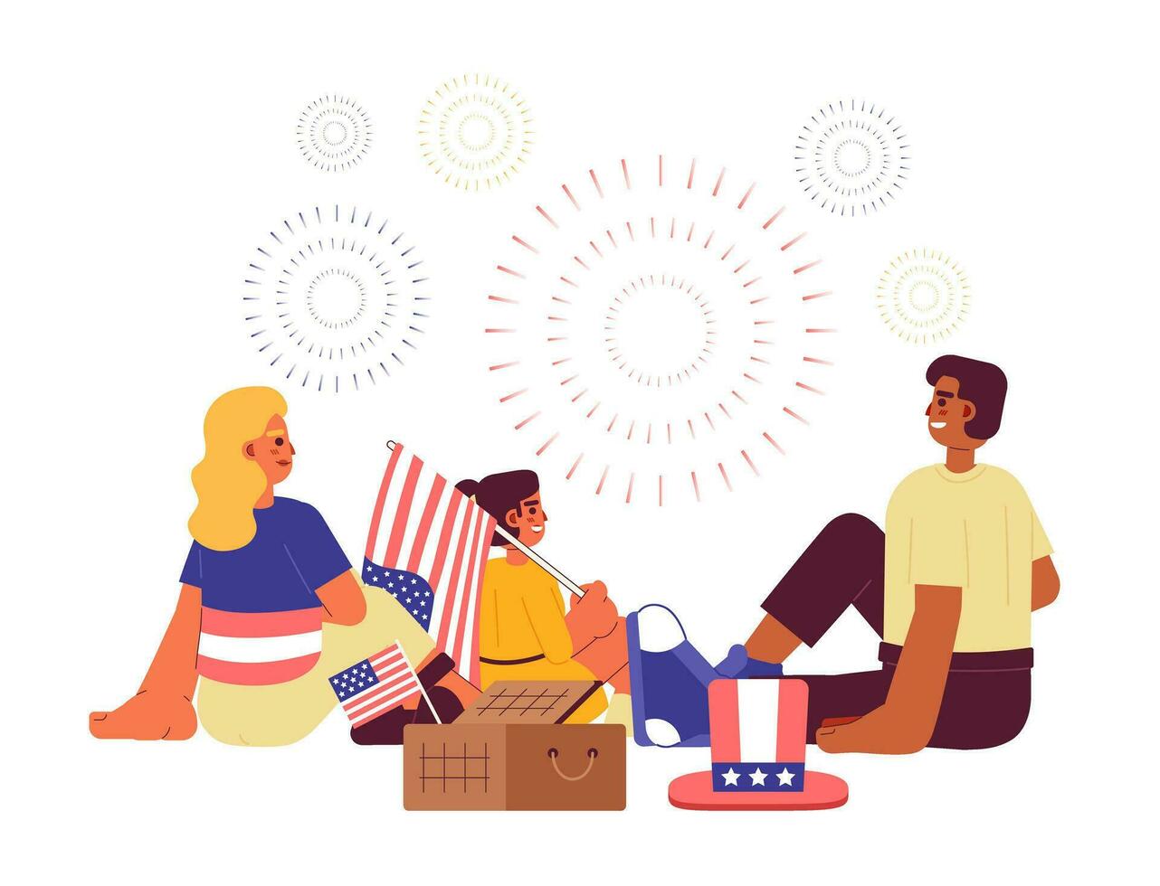 Independence day family fireworks flat vector spot illustration. Mixed race couple with kid on fourth of july picnic 2D cartoon characters on white for web UI design. Isolated editable hero image