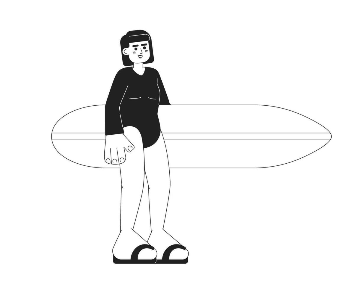 Surfer girl holding surfboard monochromatic flat vector character. Surfer wetsuit woman standing. Editable thin line full body person on white. Simple bw cartoon spot image for web graphic design