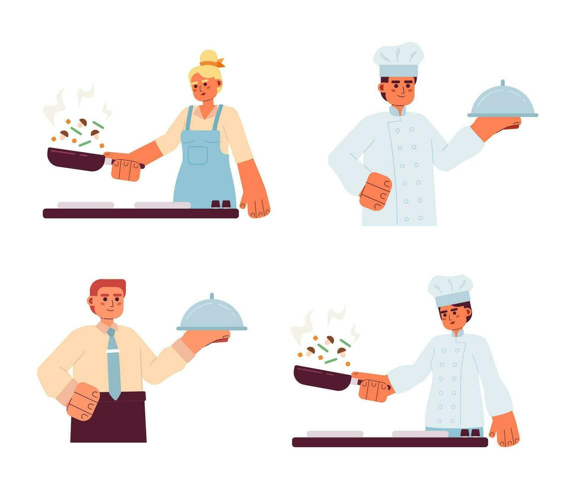 People cooking semi flat colorful vector characters set. Editable thin line half body of male and female on white. Food serving. Simple cartoon spot illustration pack for web graphic design