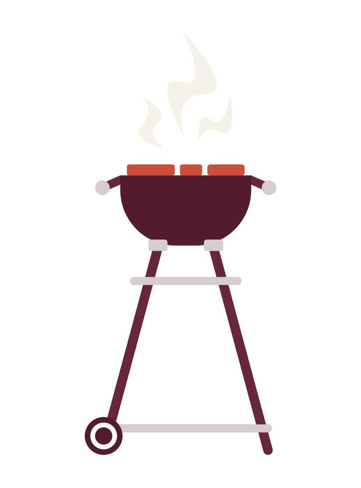 Grill with steaks semi flat colour vector object.Cooking meat on fire.Grilled food. Editable cartoon clip art icon on white background. Simple spot illustration for web graphic design