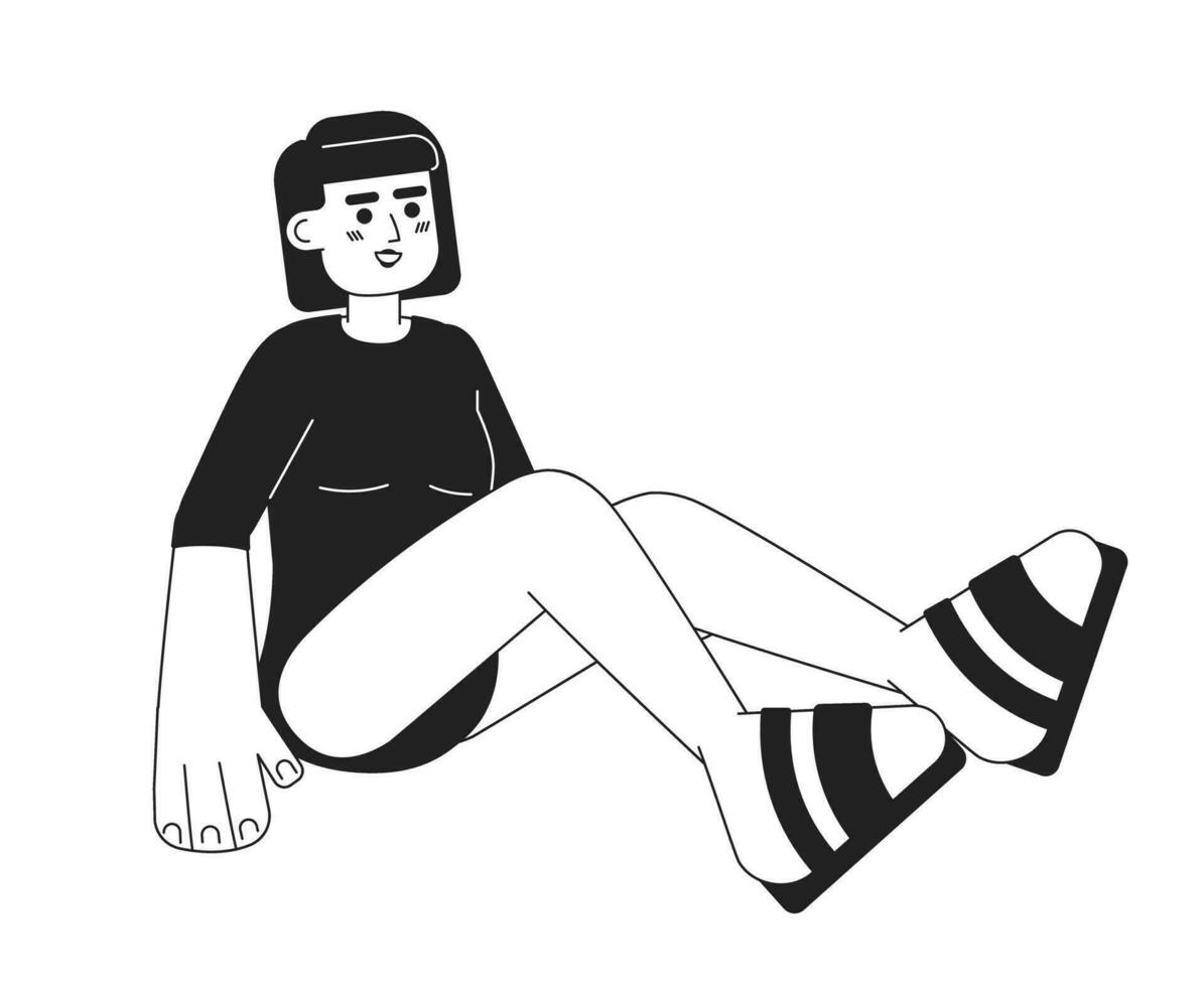 One piece swimsuit asian young woman sitting monochromatic flat vector character. Girl on beach. Editable thin line full body person on white. Simple bw cartoon spot image for web graphic design