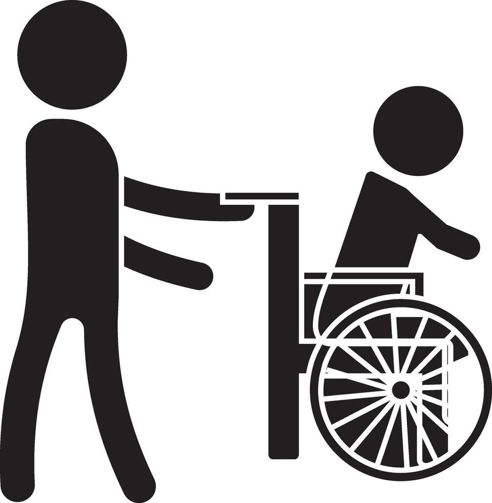 Character of faceless man holding wheelchair. vector