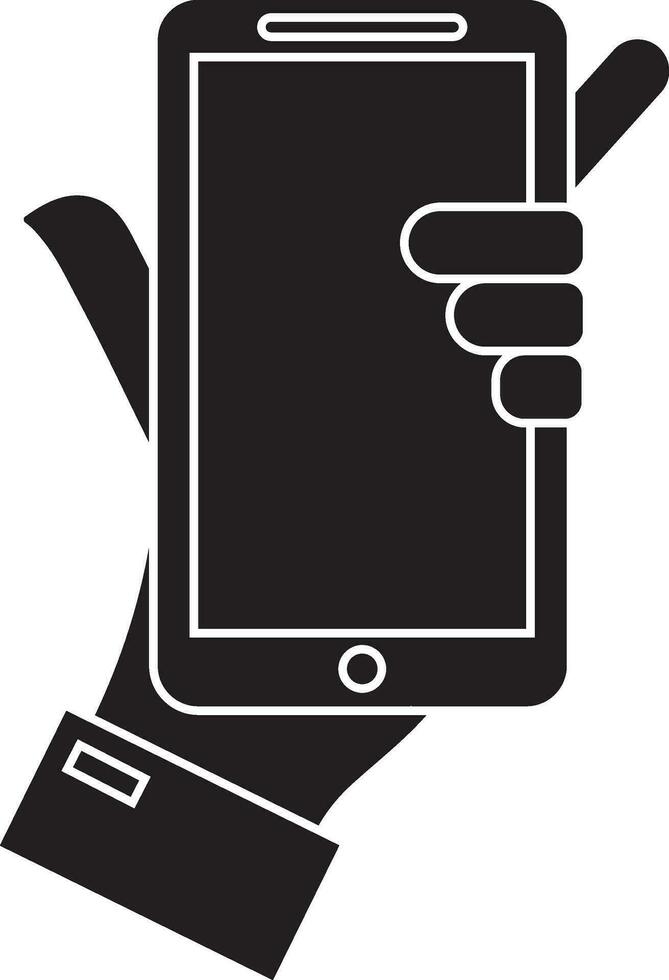 black and white hand holding smartphone. vector