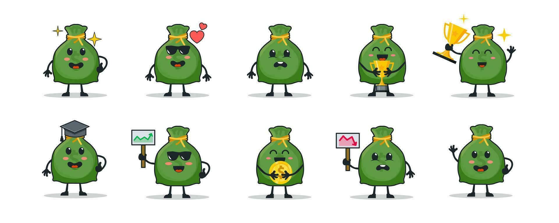 set collection money bag mascot cartoon. vector