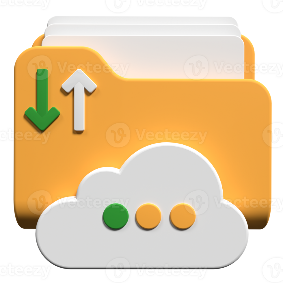 Cloud storage 3d illustration. File transfer concept. Cloud download and upload icon. Digital file organization service or app with data transfering. 3d render illustration png