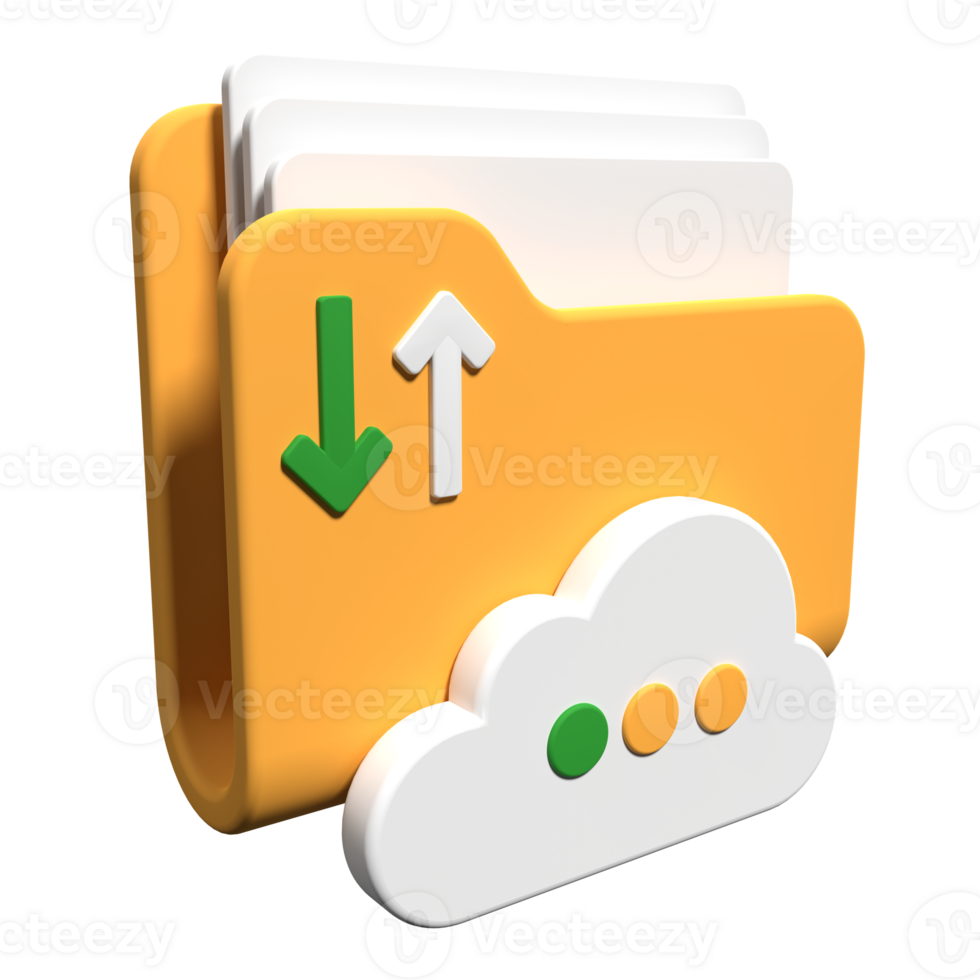 Cloud storage 3d illustration. File transfer concept. Cloud download and upload icon. Digital file organization service or app with data transfering. 3d render illustration png