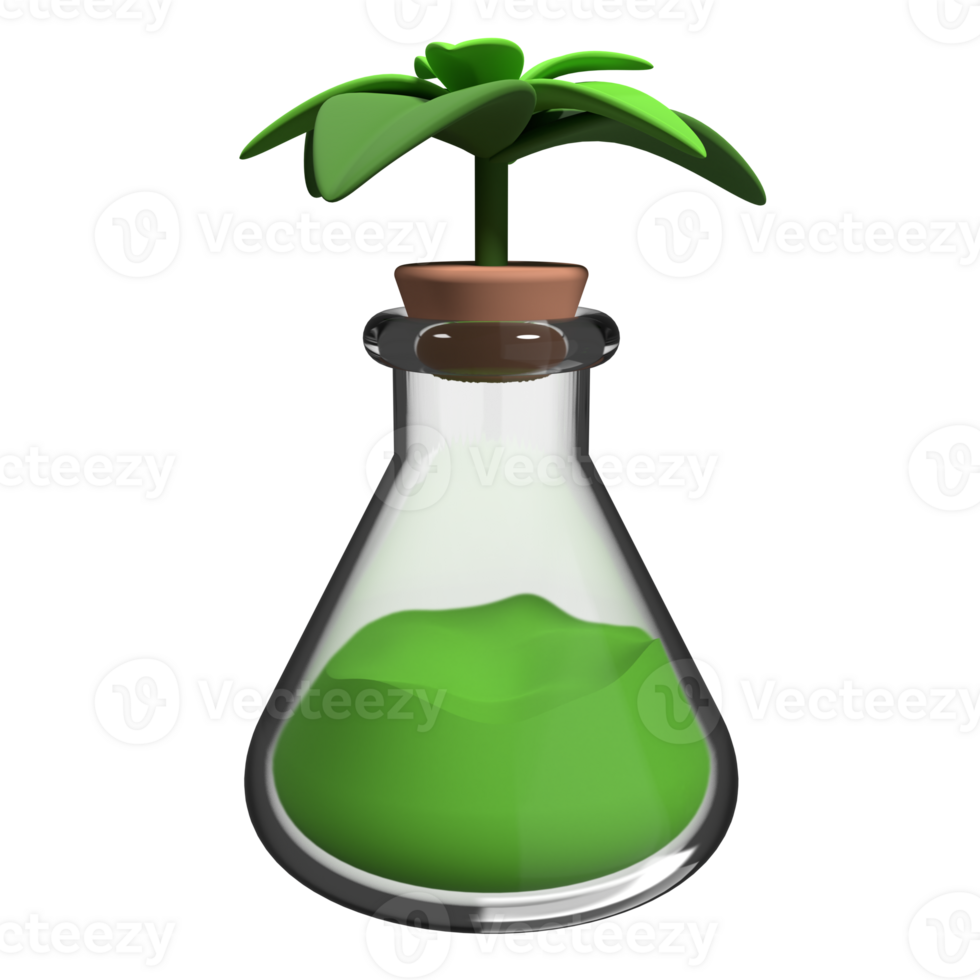 Erlenmeyer flask with green liquid. Chemistry flask. Lab flask and plant. Ecology concept. 3d rendering illustration png