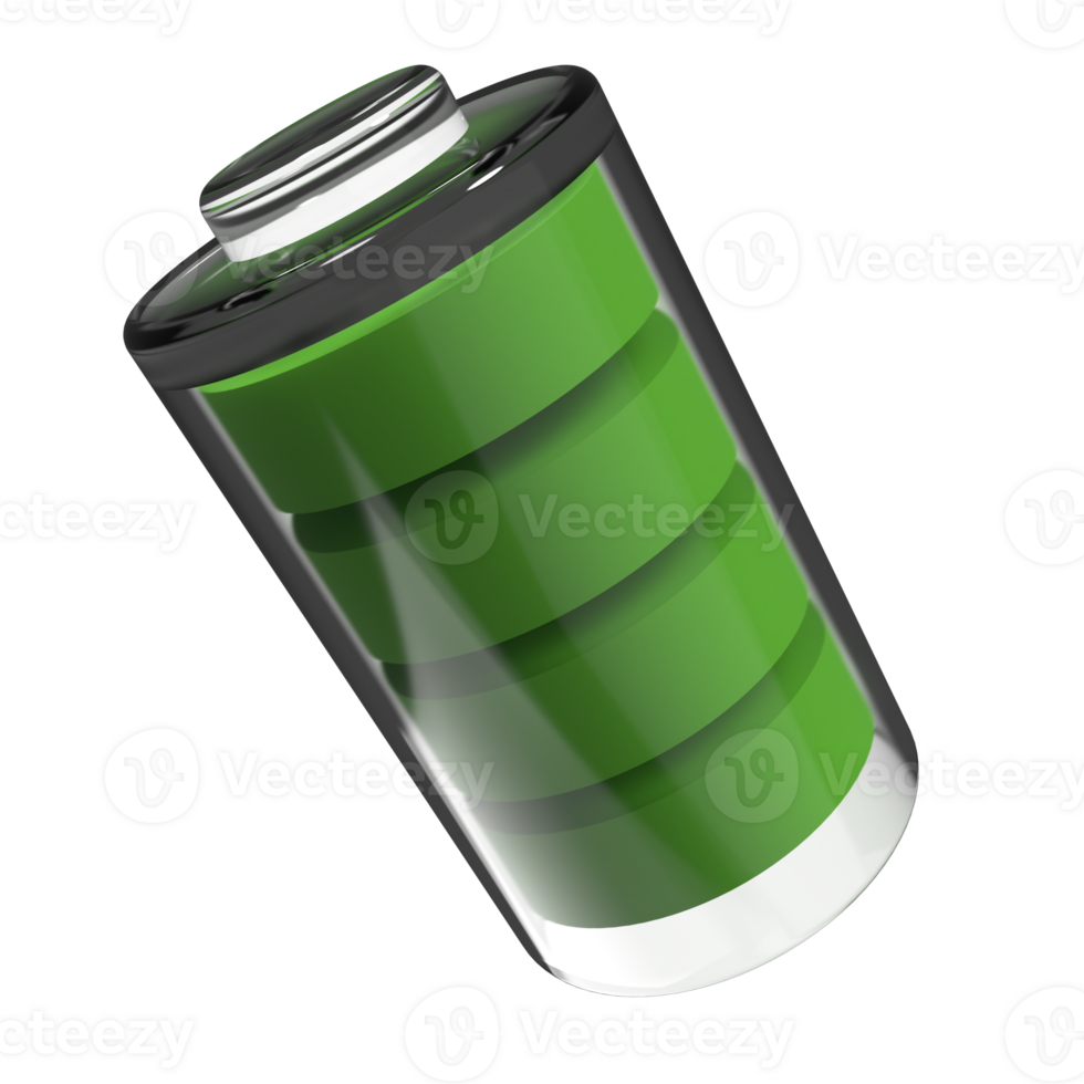 Glossy transparent battery symbol. Full power status concept design. Battery 3d icon. Energy glass storage. 3d render illustration png