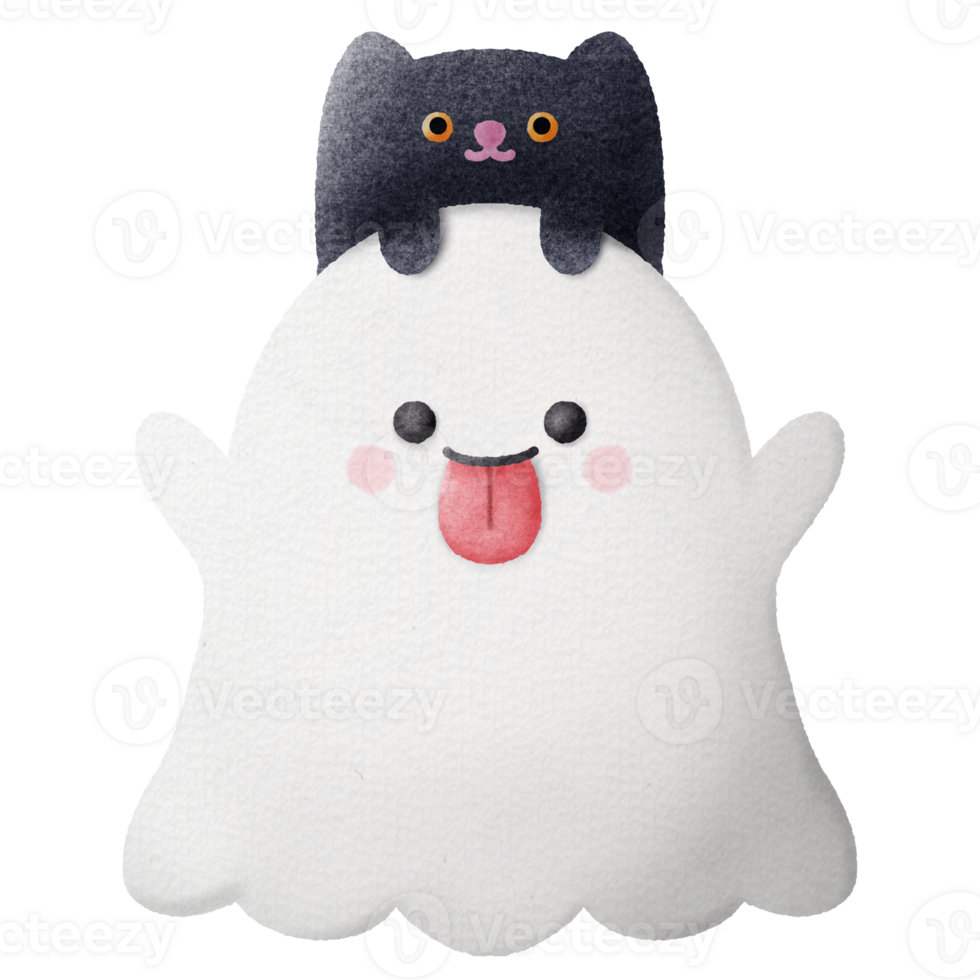 Cute white Halloween ghost with black cat png