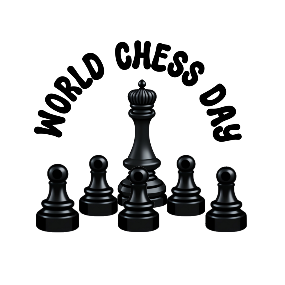 World Chess Day text with chess pieces clipart on transparent background, world chess day calligraphy, lettering inscription, typography, chess pieces clipart, chess pieces icon png