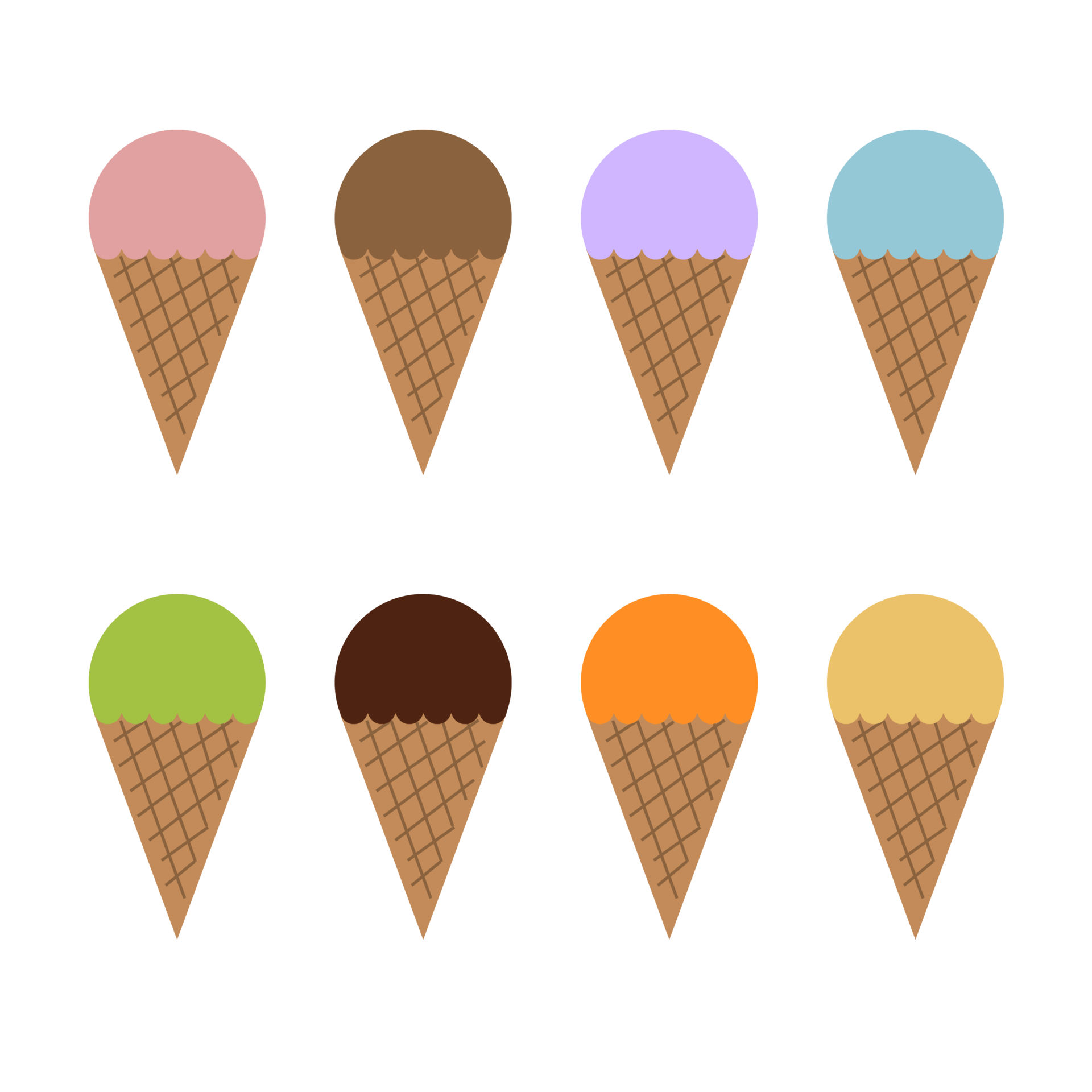 Set of different flavor cones ice cream on transparent background