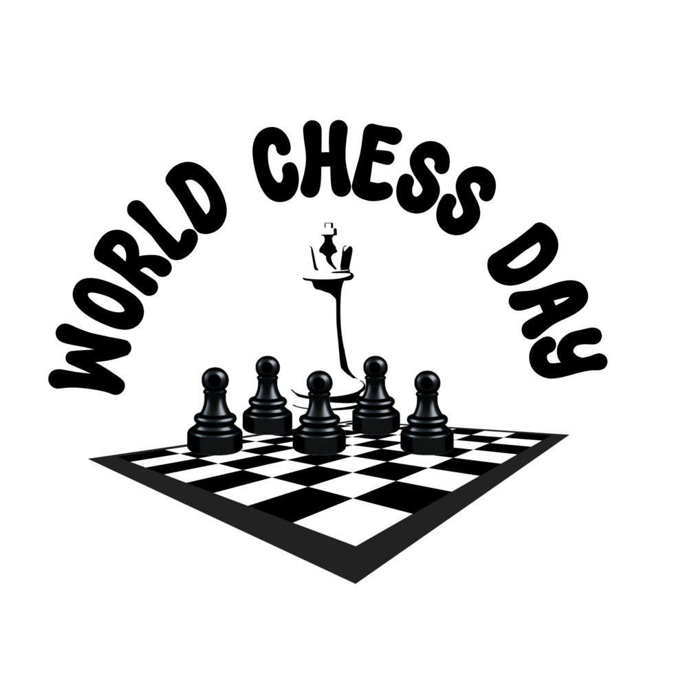World Chess Day text with chess pieces on chessboard clipart on transparent background, world chess day calligraphy, lettering inscription, chessboard with chess pieces clipart png