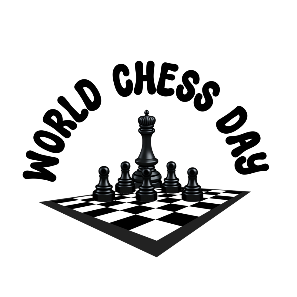 wereld schaak dag tekst met schaak stukken Aan schaakbord clip art Aan transparant achtergrond, wereld schaak dag kalligrafie, belettering inscriptie, schaakbord met schaak stukken clip art png