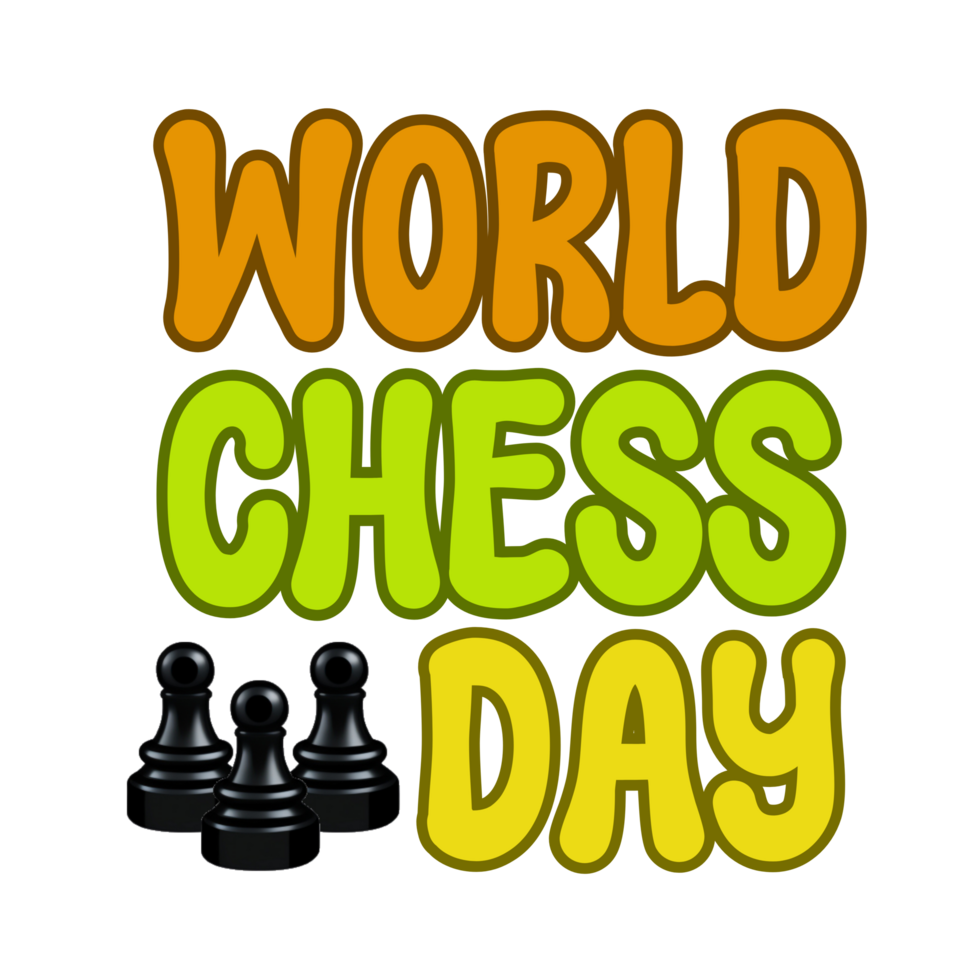 World chess Day  text, World chess Day calligraphy, chess Day lettering inscription clipart on transparent background, chess piece digital art, chess king queen piece clipart, chess icon png