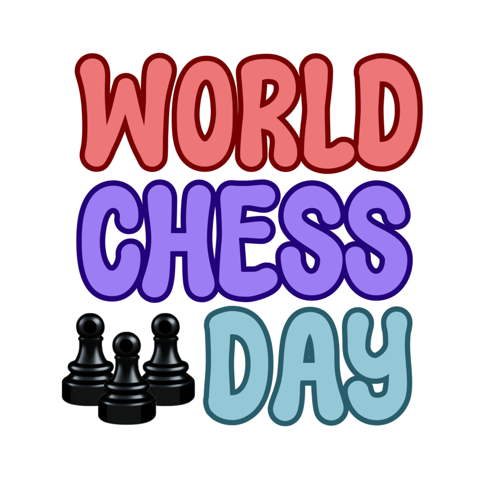 World chess Day  text, World chess Day calligraphy, chess Day lettering inscription clipart on transparent background, chess piece digital art, chess king queen piece clipart, chess icon png