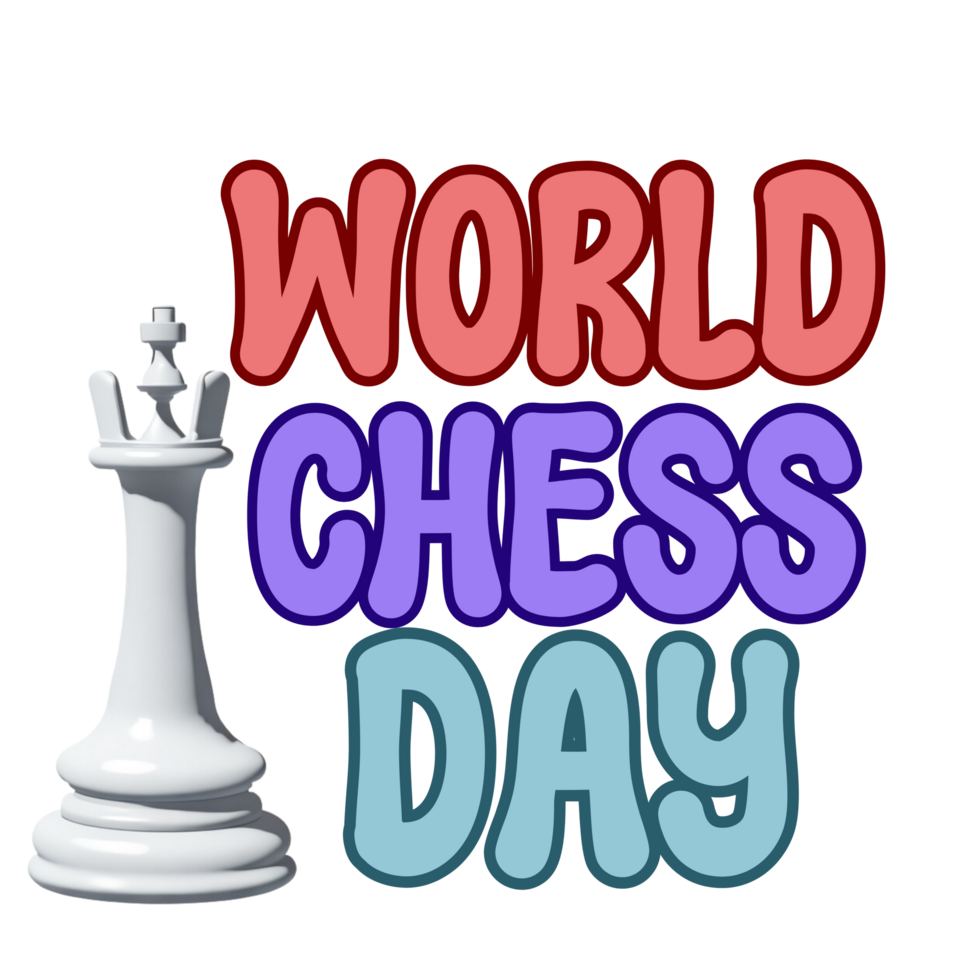 World chess Day  text, World chess Day calligraphy, chess Day lettering inscription clipart on transparent background, chess piece digital art, chess king queen piece clipart, chess icon png