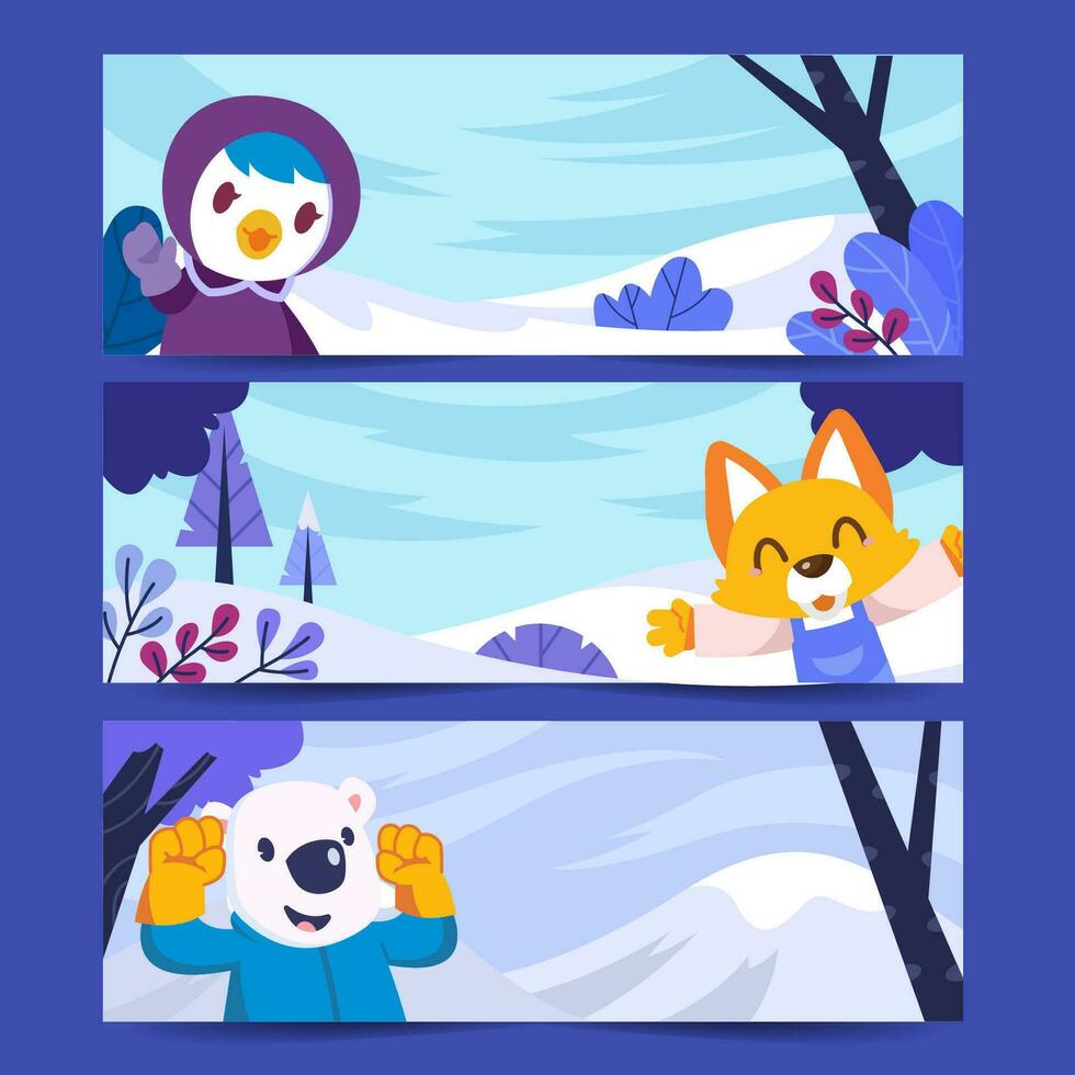 Set of Cute Little Penguin and Friends in Winter Season Template vector