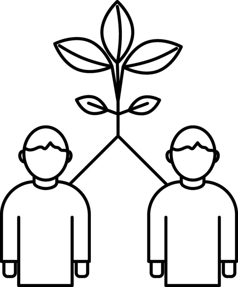 Two man with Plant icon in thin line art. vector