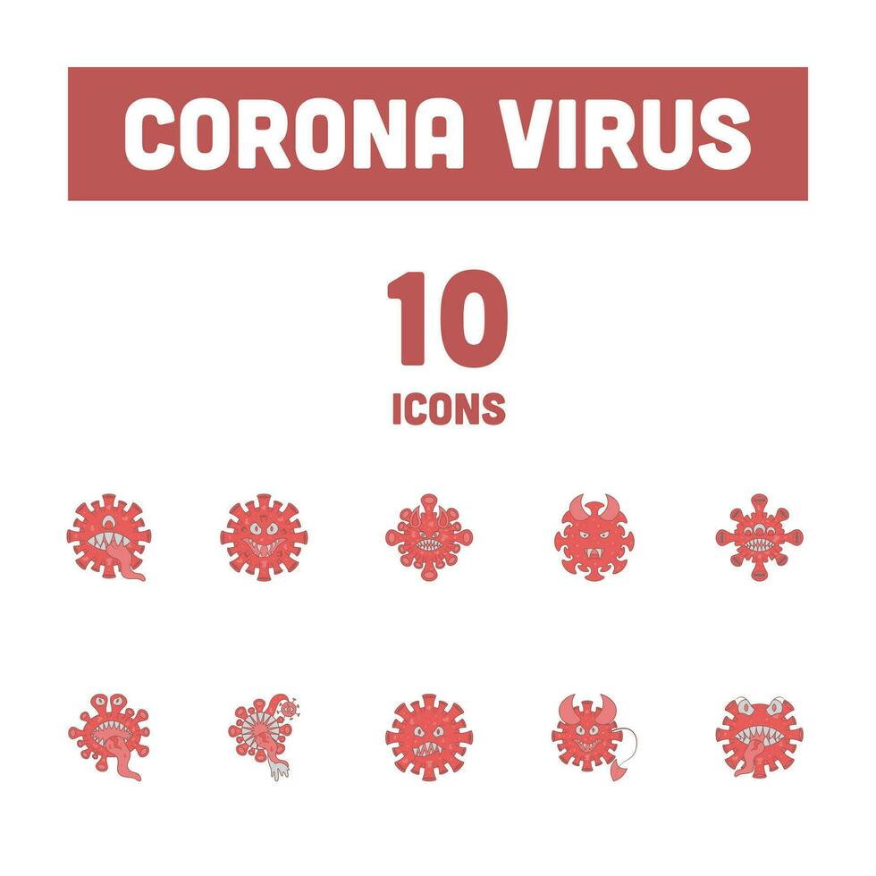 Monster Virus Emoji 10 Icon Set In Red Color. vector