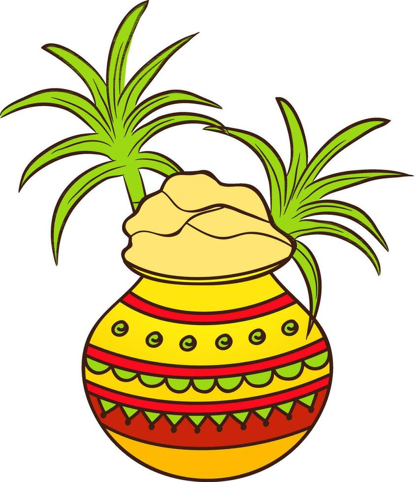 Decorative mud pot with sugarcane for Pongal. vector