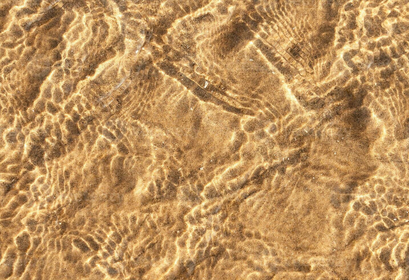 Sand texture pattern with transparent clear sea water waves reflection,Abstract Sun lights on water surface over brown sand ripples with pebble.Sea bottom background banner for Summer Beach Vocation photo
