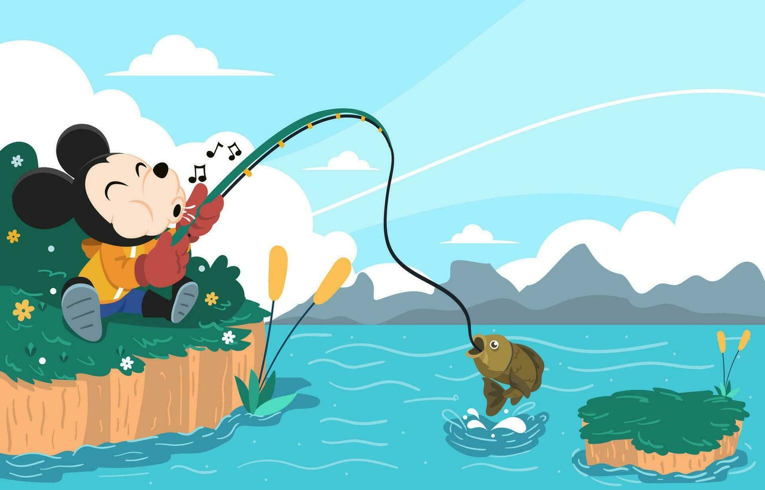Mouse Fishing Fish in Lake vector