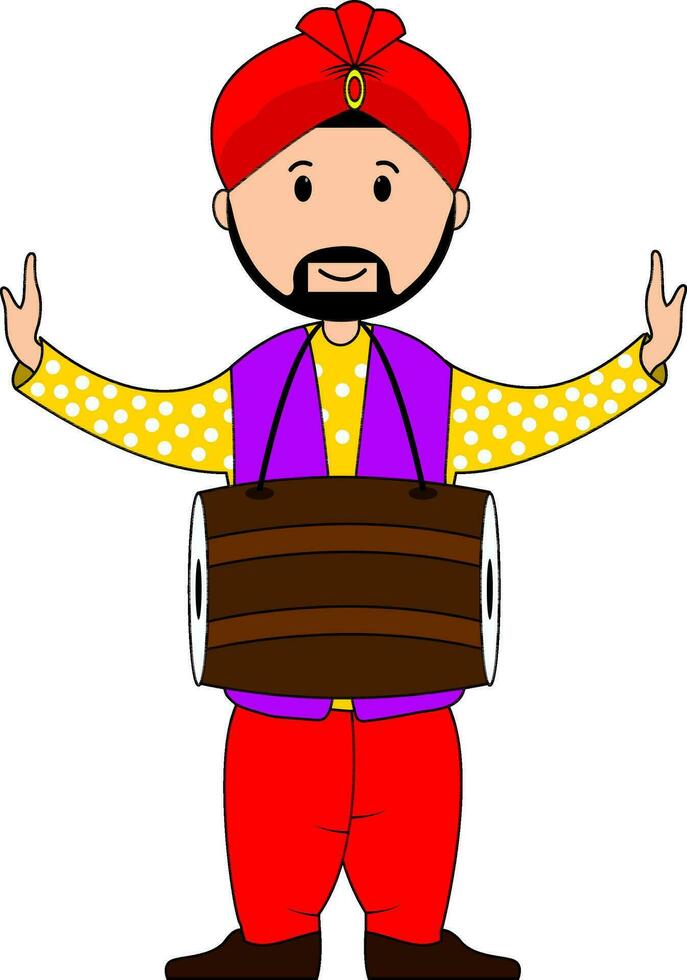 Character of Young Dancing Punjabi Man playing drum. vector