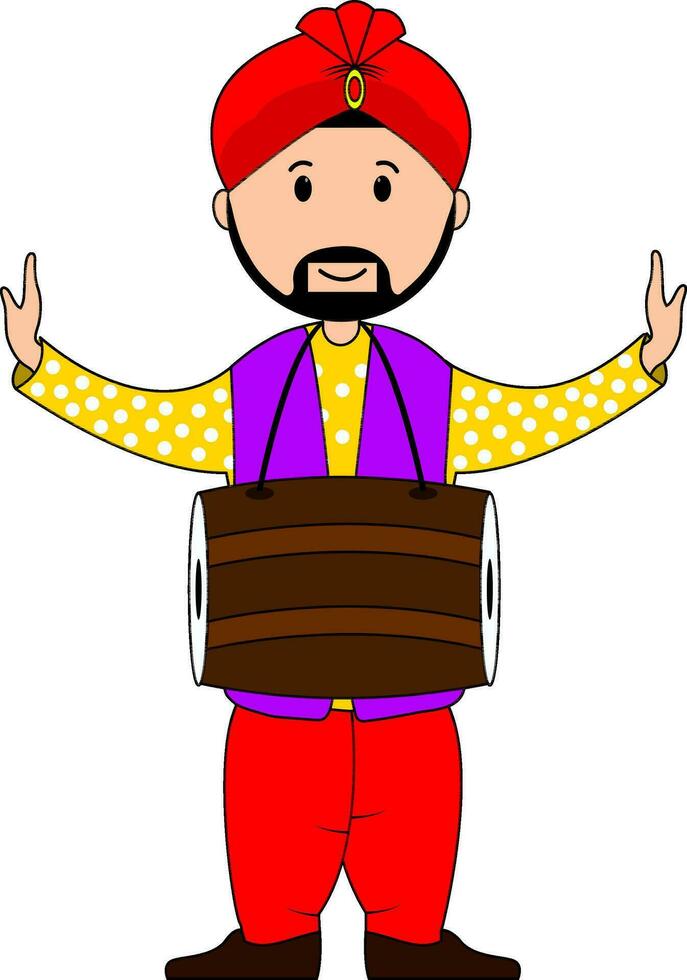 personaje de joven bailando punjabi hombre jugando tambor. vector