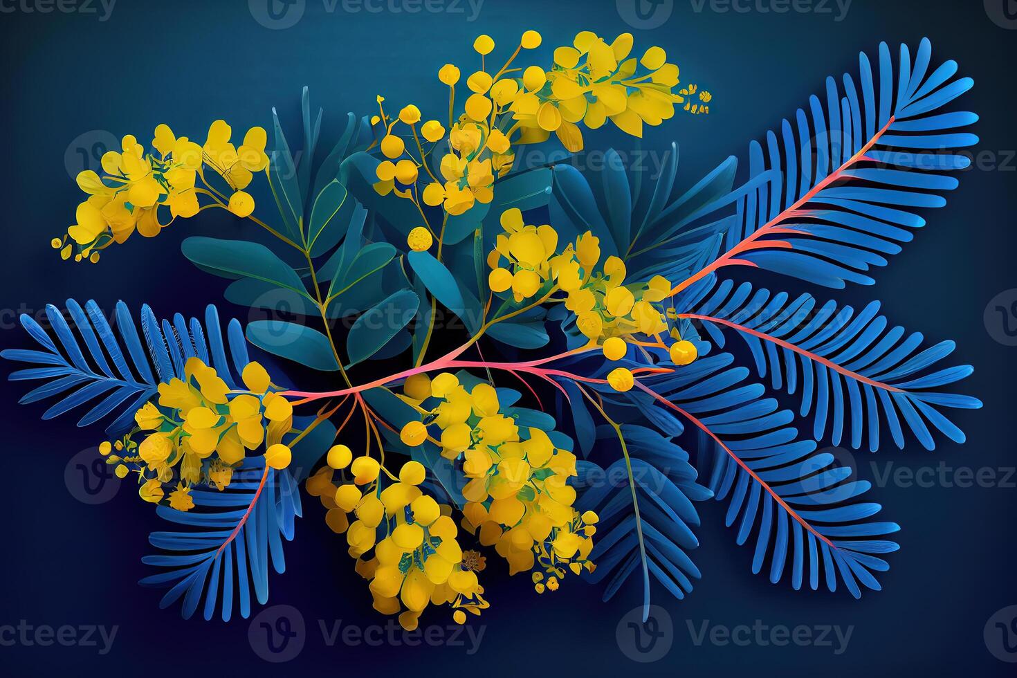 spring yellow mimosa flowers composition over pastel blue background. photo