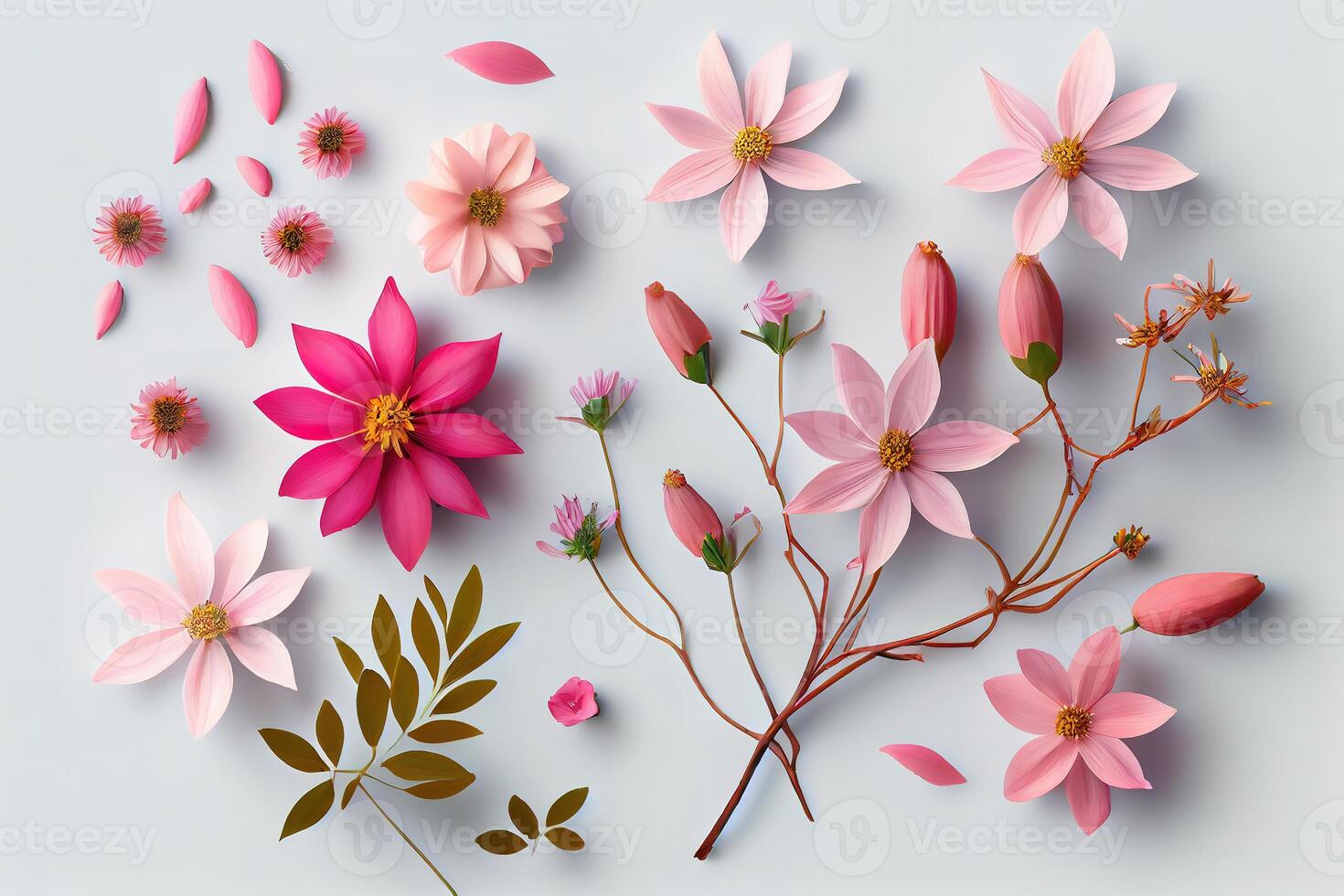 Flowers composition. Pink flowers on white background. photo