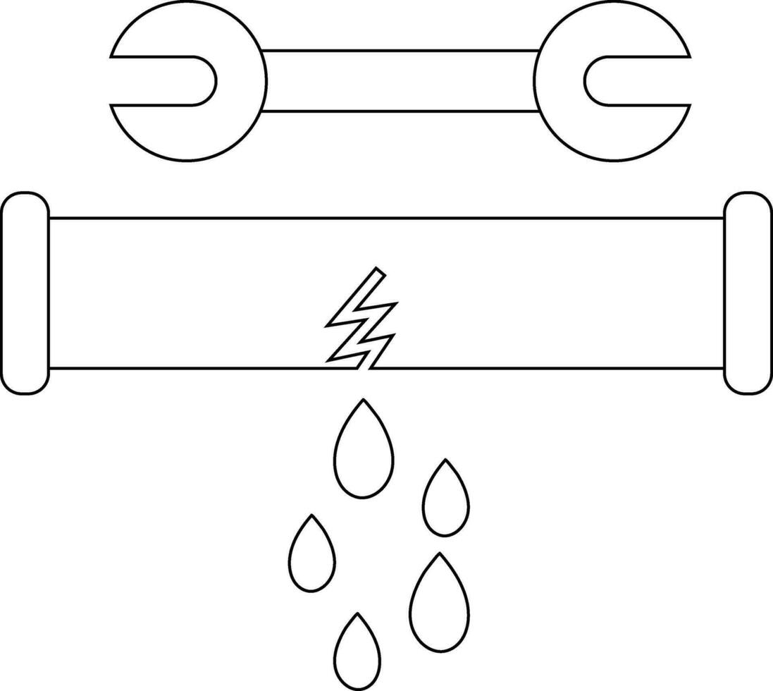 Black line art broken pipe with wrench in flat style. vector