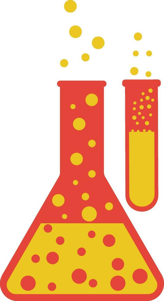 Orange beaker with test tube in yellow liquid bubble. vector
