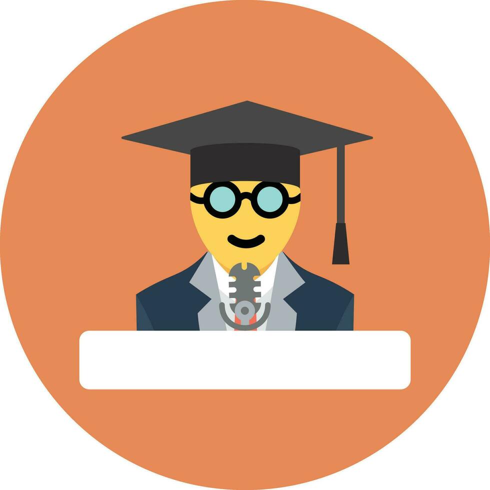 Character of graduate student giving a speech on round background. vector