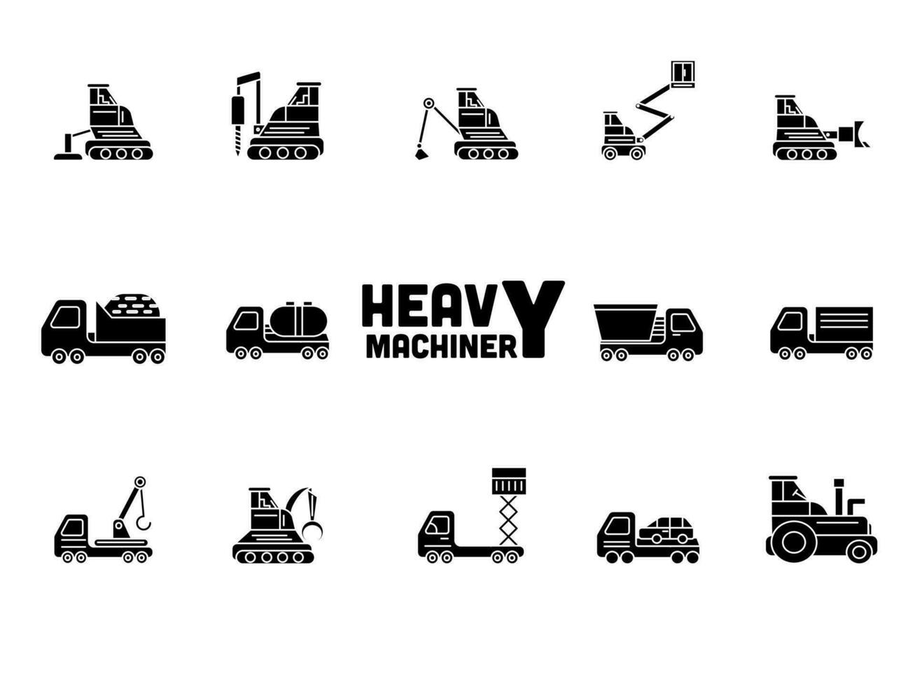 Set Of Heavy Machinery Icons In Glyph Style. vector