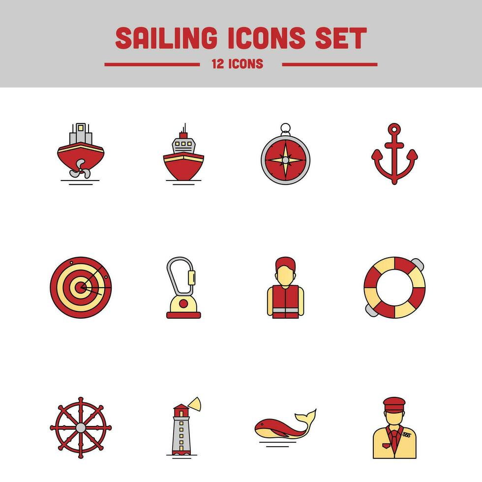 Sailing Icons Set In Red, Gray And Yellow Color. vector