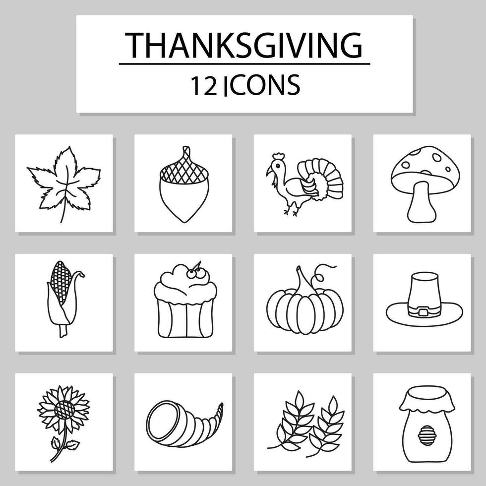 12 Thanksgiving Icon Set In Black Linear Style. vector