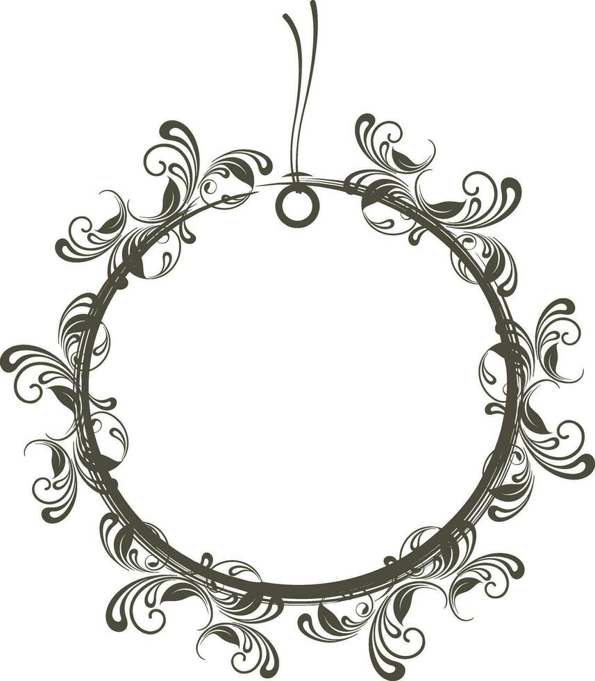 Gray floral design decorated round frame with thread. vector