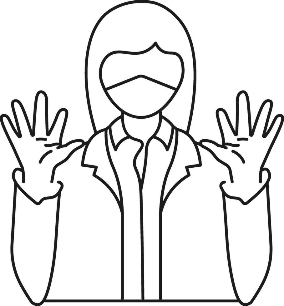 Hands open with fear woman wearing face mask icon in thin line art. vector